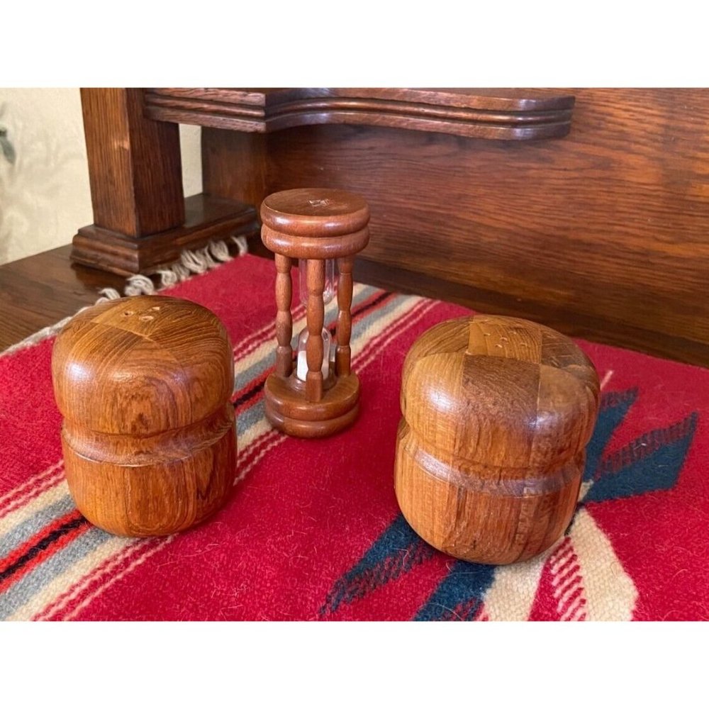 Vintage Mid-Century Modern Segmented Wood SALT & PEPPER Shakers FREE BONUS - Picture 6 of 7